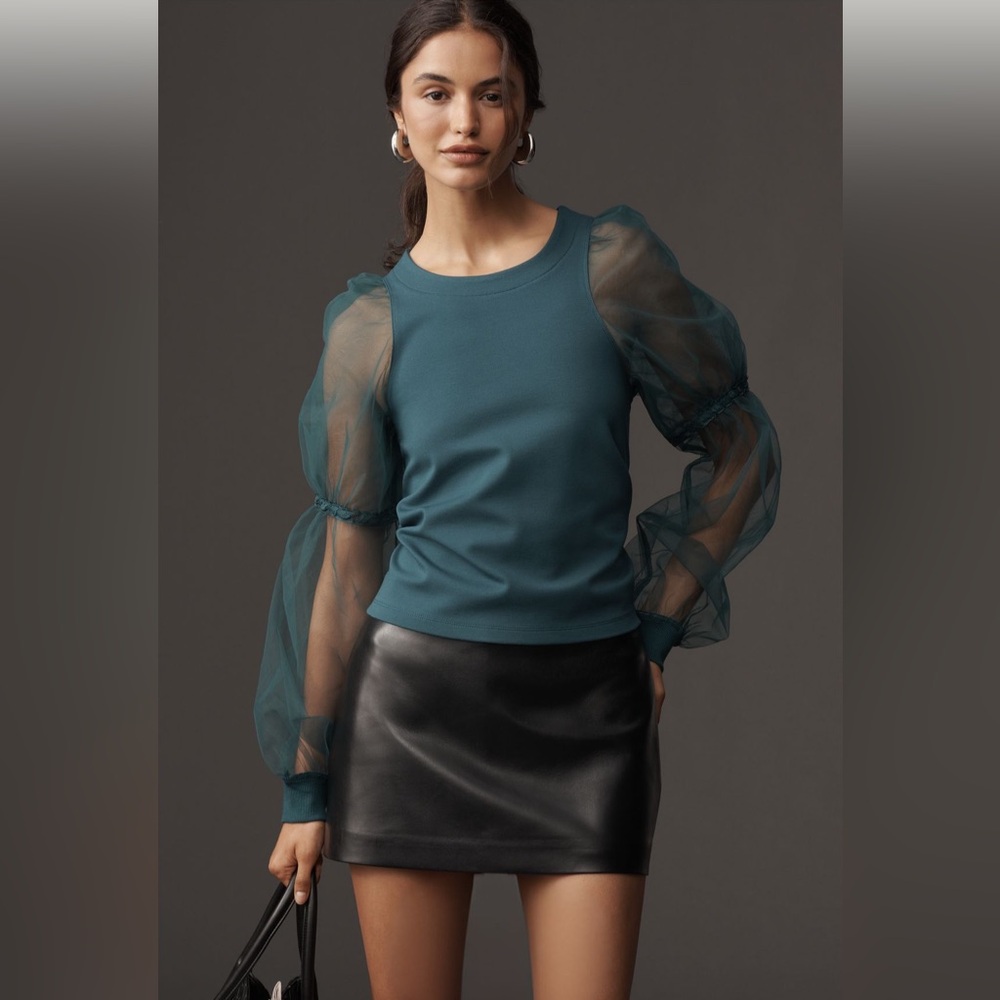 Anthropologie Maeve Embroidered Sheer-Sleeve Pullover